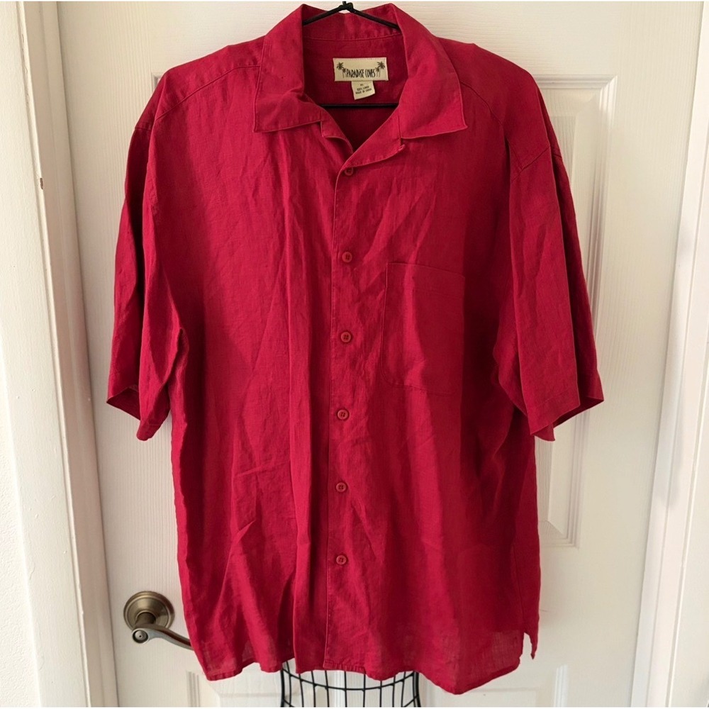 Paradise Coves Mens XL Red 100% Linen‎ Short Sleeve Button Down Camp Shirt EUC
